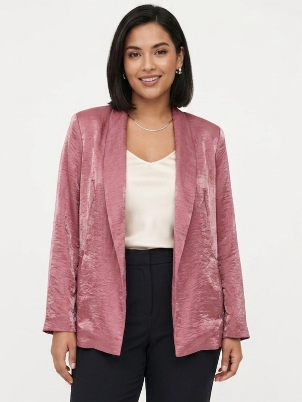 Vtg Y2K Eileen Fisher Shimmer Rouge Pink Open-Front Shawl Collar Blazer Jacket L